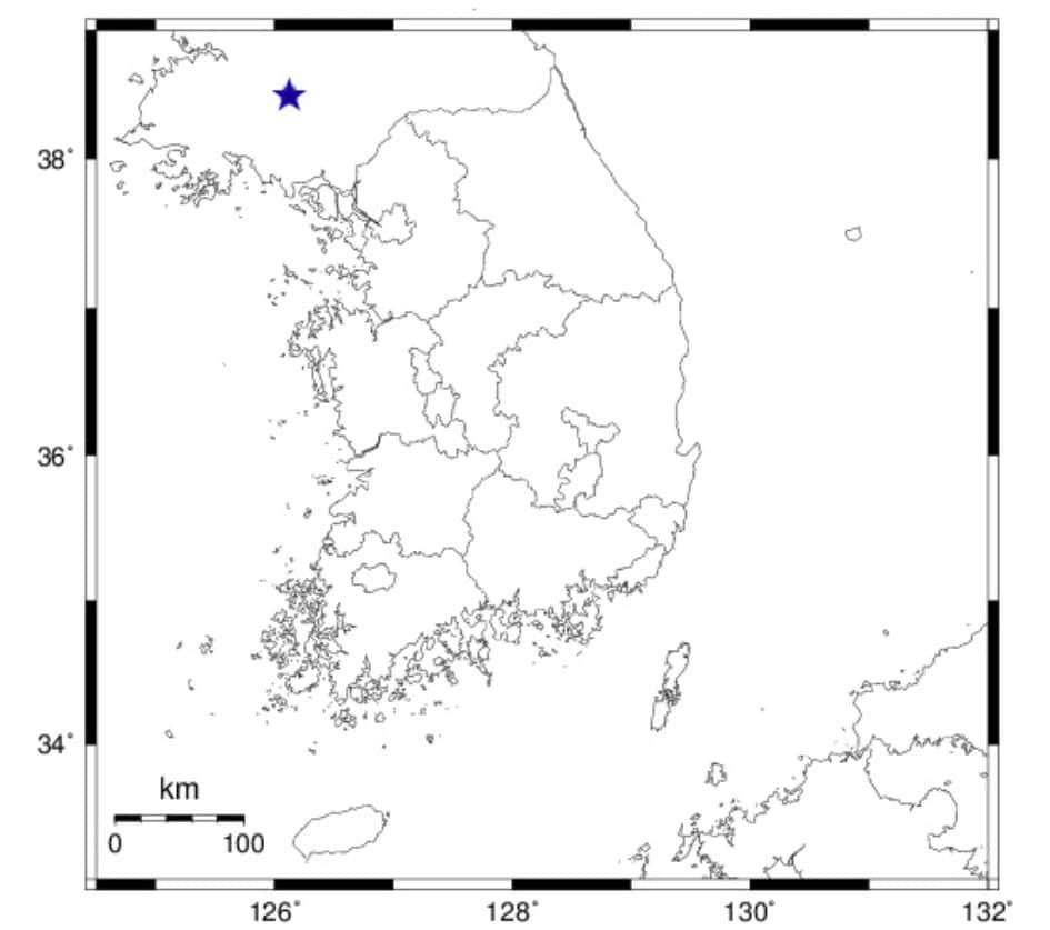 본문 이미지 - 북한 황해북도 평산에서 발생한 지진의 진앙지를 나타낸 지도 (출처 : 기상청)