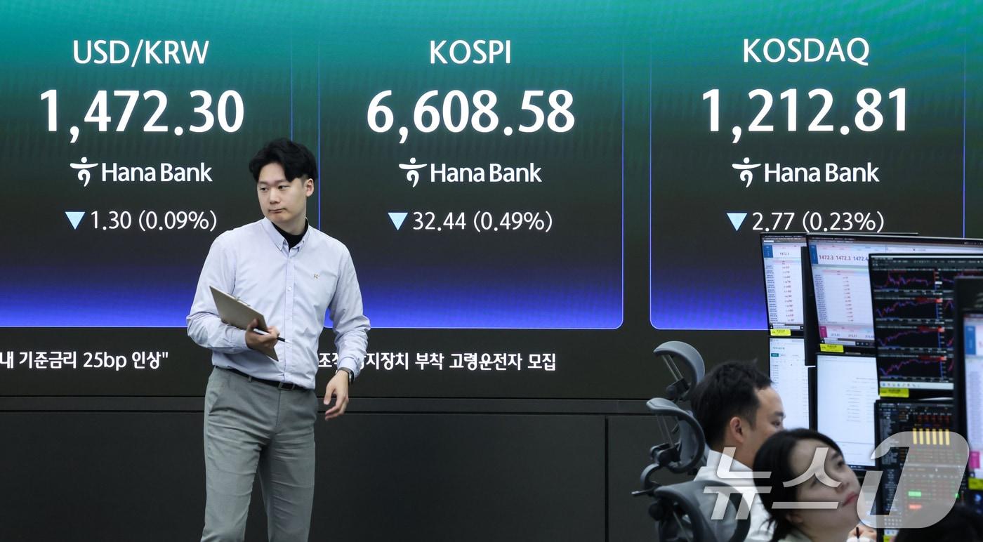 본문 이미지 - 코스피가 하락 출발한 29일 오전 서울 중구 하나은행 딜링룸 전광판에 코스피, 코스닥 지수 등이 표시되고 있다. 2026.4.29 ⓒ 뉴스1 임지훈 인턴기자