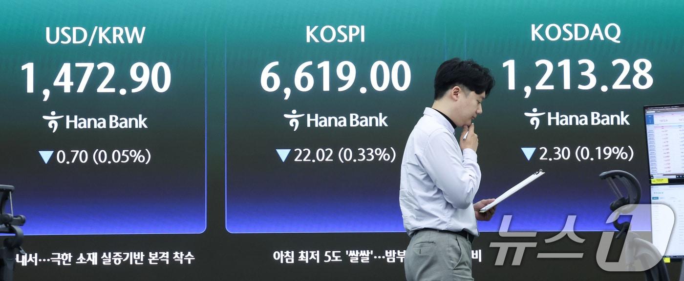 본문 이미지 - 코스피가 하락 출발한 29일 오전 서울 중구 하나은행 딜링룸 전광판에 코스피, 코스닥 지수 등이 표시되고 있다. 이날 코스피는 전 거래일 대비 22.02포인트(0.33%) 내린 6619.00에, 코스닥은 2.30포인트(0.19%) 하락한 1213.28에 개장했다. 2026.4.29 ⓒ 뉴스1 임지훈 인턴기자