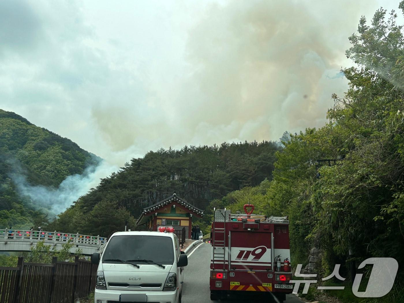 본문 이미지 - 29일 오후 1시41분쯤 경북 영덕군 창수면 갈천리에 있는 장육사 창고에서 난 불이나 산으로 번져 연기가 치솟고 있다. 장육사는 지은지 천년이 넘는 사찰이다. 산림당국은 헬기 17대와 진화차량 53대를 투입, 진화에 나서 1시간20분 만에 큰 불길을 잡았다.(독자 제공, 재판매 및 DB금지) 2026.4.29 ⓒ 뉴스1 최창호 기자