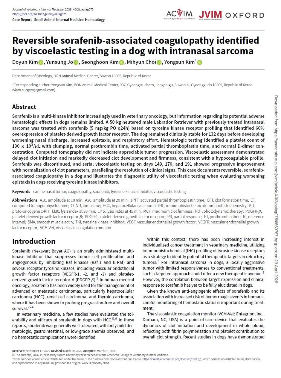 본문 이미지 - 본동물의료센터 수원점 종양팀은 개 비강 육종 환자에서 정밀 항암치료를 적용한 사례를 국제 학술지 미국수의내과학회지에 발표했다(본동물의료센터 제공). ⓒ 뉴스1