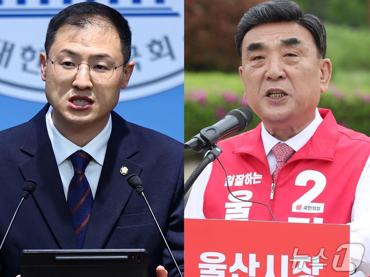 본문 이미지 - 울산시장 선거에 출마하는 김상욱 더불어민주당 의원과 김두겸 국민의힘 시장이 29일 각각 국회와 태화강변에서 기자회견을 열고 있다.ⓒ 뉴스1