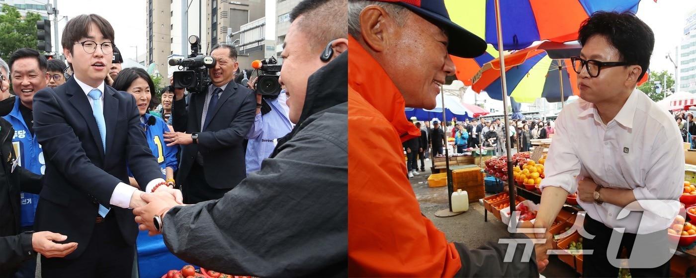 본문 이미지 - 6·3 재보궐 선거에서 격전지로 떠오른 부산 북구갑 출마가 예상되는 하정우 전 청와대 AI미래기획수석(왼쪽)과 한동훈 전 국민의힘 대표가 29일 오후 부산 북구 구포시장을 찾아 각각 상인들과 인사하고 있다. 2026.4.29 ⓒ 뉴스1 윤일지 기자