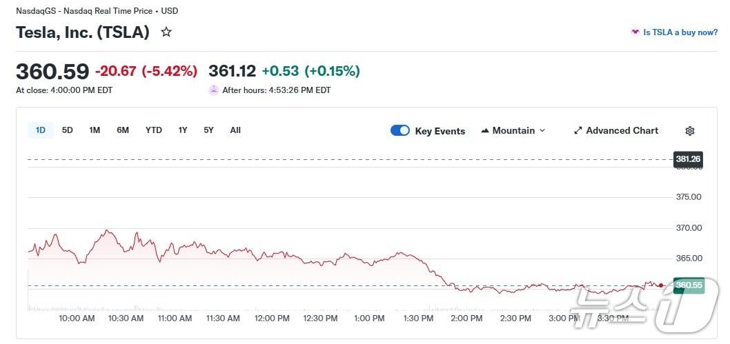 본문 이미지 - 테슬라 일일 주가 추이 - 야후 파이낸스 갈무리