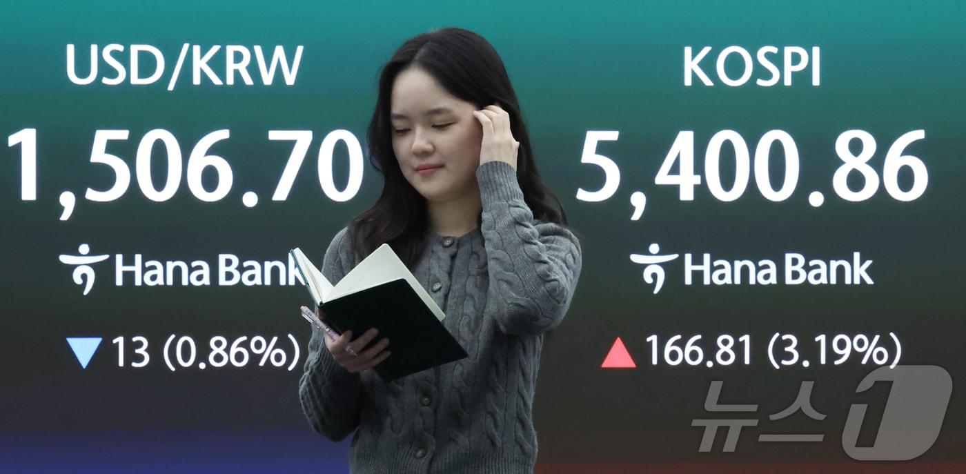 본문 이미지 - 3일 오전 서울 중구 하나은행 딜링룸 전광판에 코스피와 코스닥 등 시황이 표시되고 있다. 이날 코스피는 전 거래일보다 141.45포인트(2.70%) 상승해 5375.5로 출발했다. ⓒ 뉴스1 이종수 인턴기자