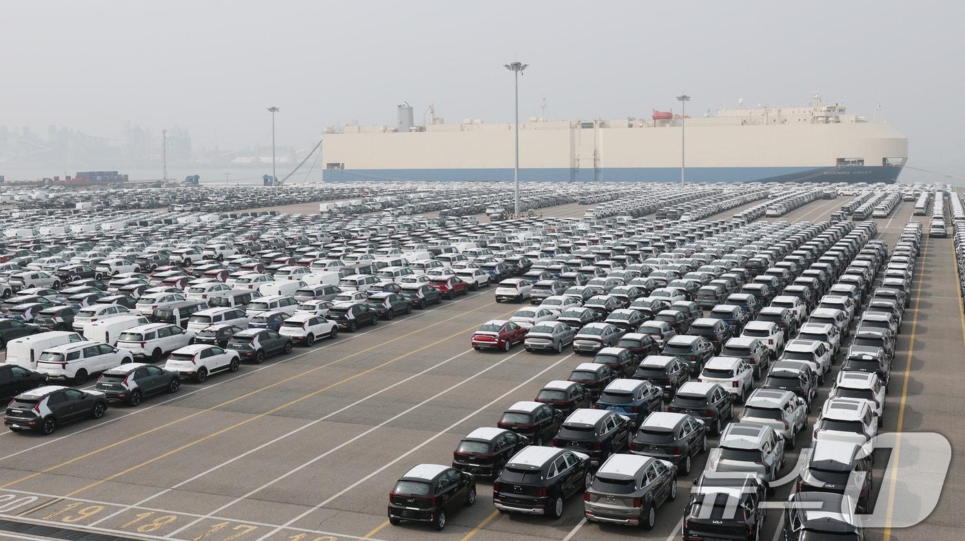 본문 이미지 - 3일 경기 평택시 포승읍 기아 평택항 전용부두에 수출용 자동차가 세워져 있다.  2026.4.3 ⓒ 뉴스1 김영운 기자