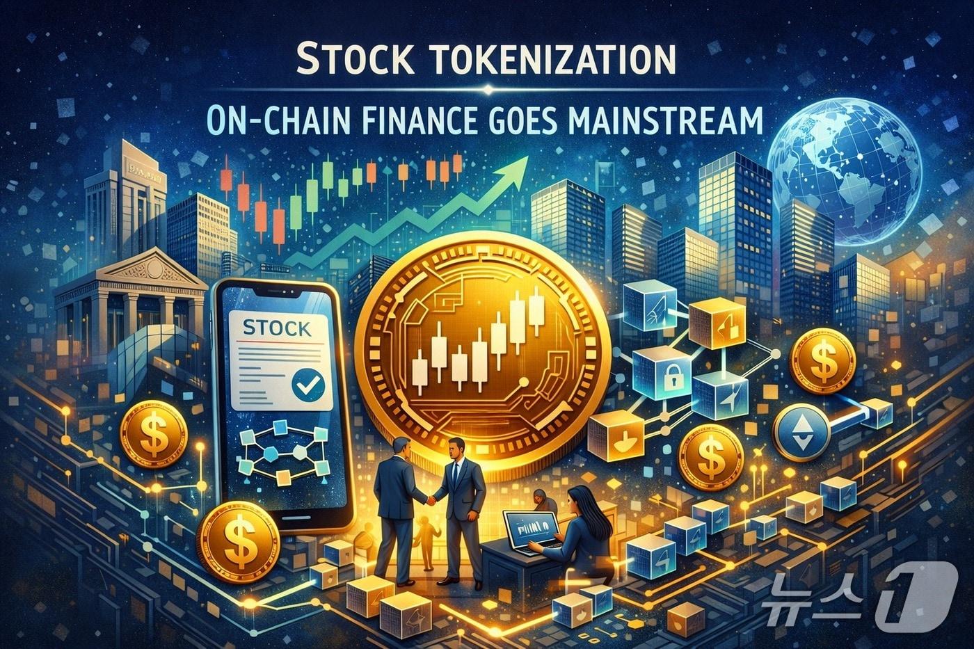 본문 이미지 - 인공지능(AI)을 활용해 주식 토큰화 및 온체인 금융을 표현한 일러스트.