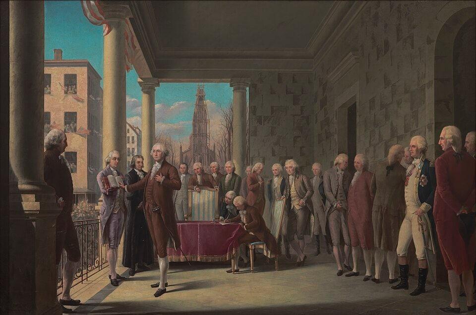 본문 이미지 - 인류 역사상 최초의 '대통령'으로 취임하는 조지 워싱턴 (출처: Ramon Elorriaga, Public domain, via Wikimedia Commons)