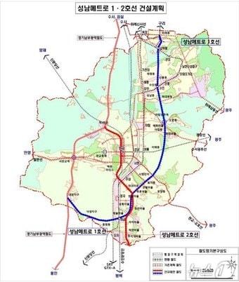 본문 이미지 - 김병욱 경기 성남시장 후보의 '성남메트로 1·2호선 건설 계획' 노선 예상안.(김병욱 후보 제공. 재판매 및 DB금지)/뉴스1