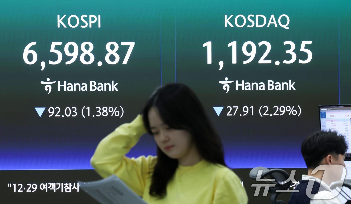본문 이미지 - 30일 오전 서울 중구 하나은행 본점 딜링룸 전광판에 코스피, 코스닥 종가가 표시되고 있다. 2026.4.30 ⓒ 뉴스1 임지훈 인턴기자