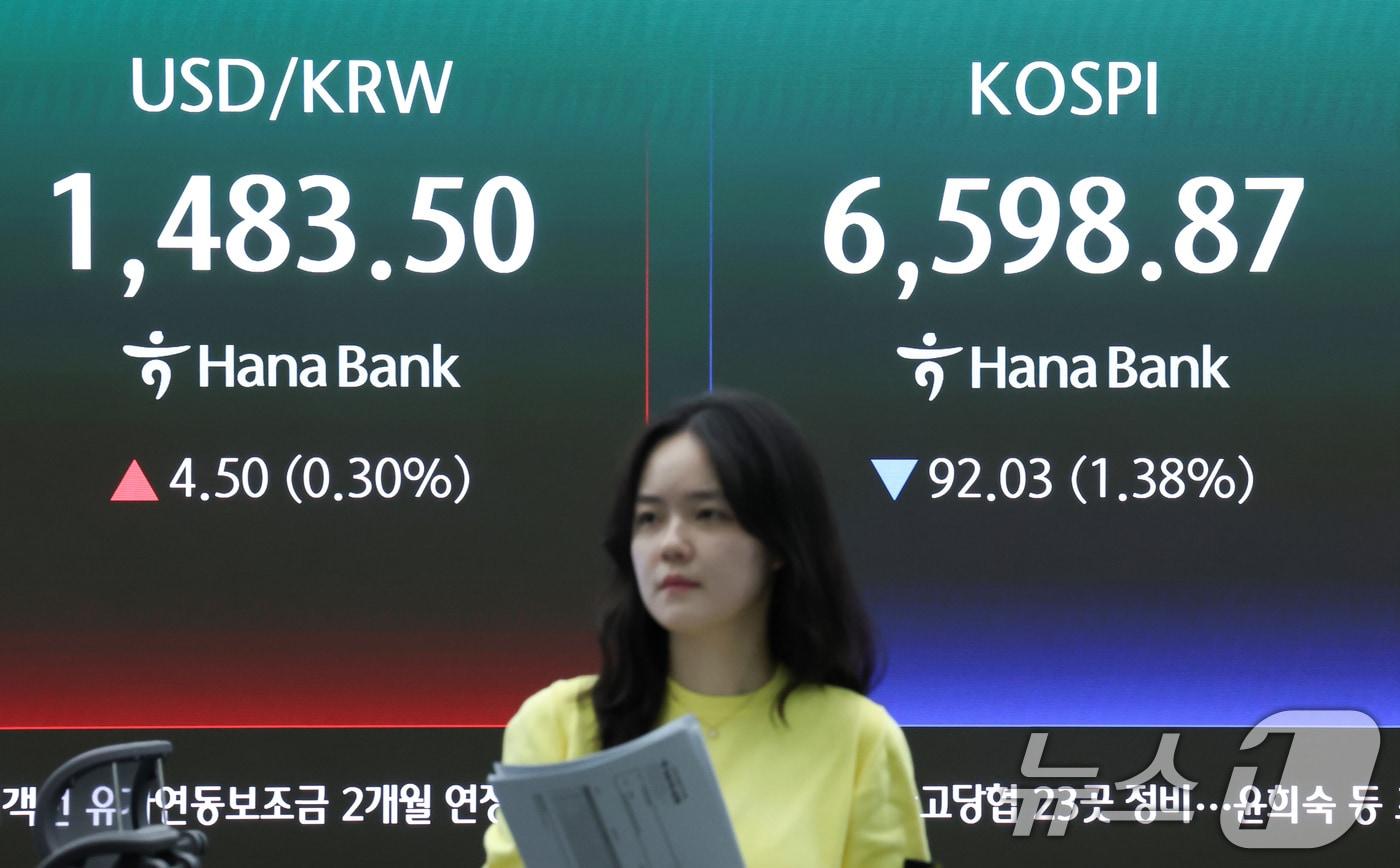 본문 이미지 - 30일 오전 서울 중구 하나은행 본점 딜링룸 전광판에 코스피 종가 등이 표시되고 있다.  2026.4.30 ⓒ 뉴스1 임지훈 인턴기자