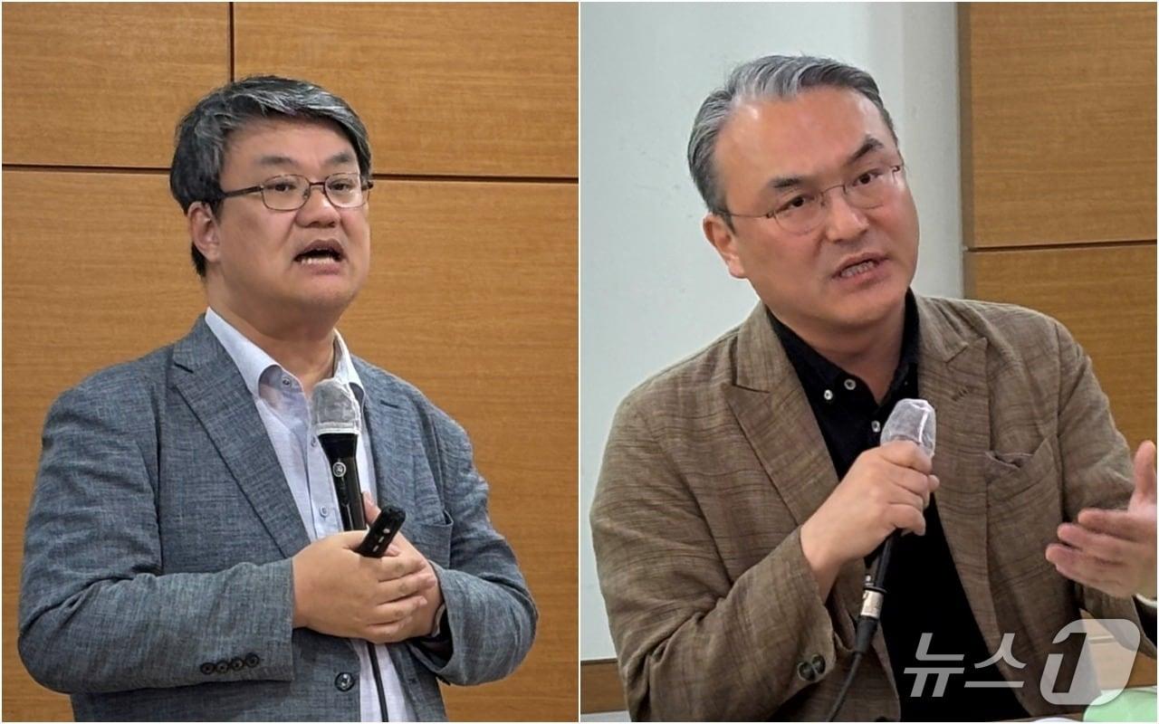 본문 이미지 - 30일 '가덕도신공항, 부산시민에게 득인가 독인가' 시민토론회에서 발표자로 나선 이헌석 에너지정의행동 정책실장과 양준호 인천대 경제학과 교수 2026.4.30/뉴스1 홍윤 기자