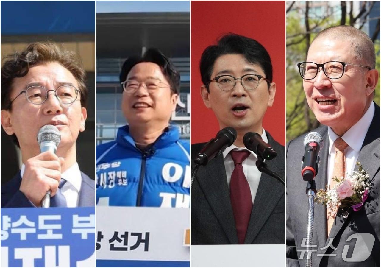 본문 이미지 - 부산시장 선거가 선거초반부터 북항재개발 야구장 건립을 두고 치열한 공방을 주고 받고 있다. 사진은 (왼쪽부터) 더불어민주당 전재수 의원, 이재성 전 부산시당 위원장, 주진우 의원, 박형준 부산시장. (각 후보 SNS 갈무리. 재판매 및 DB금지)