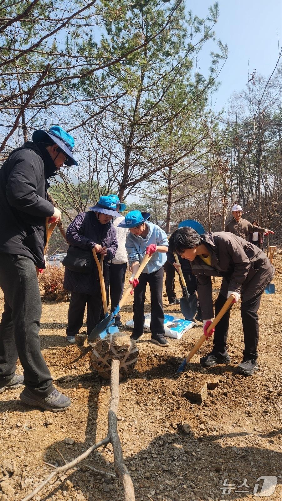 본문 이미지 - 기후에너지환경부 원주지방환경청이 지난달 28일 강원 영월군 영월읍 문산리에서 탄소흡수종(굴참나무 등)과 자생종(산철쭉 등) 등 700여 그루를 심었다. (원주지방환경청 제공. 재판매 및 DB금지) 2026.4.5/뉴스1