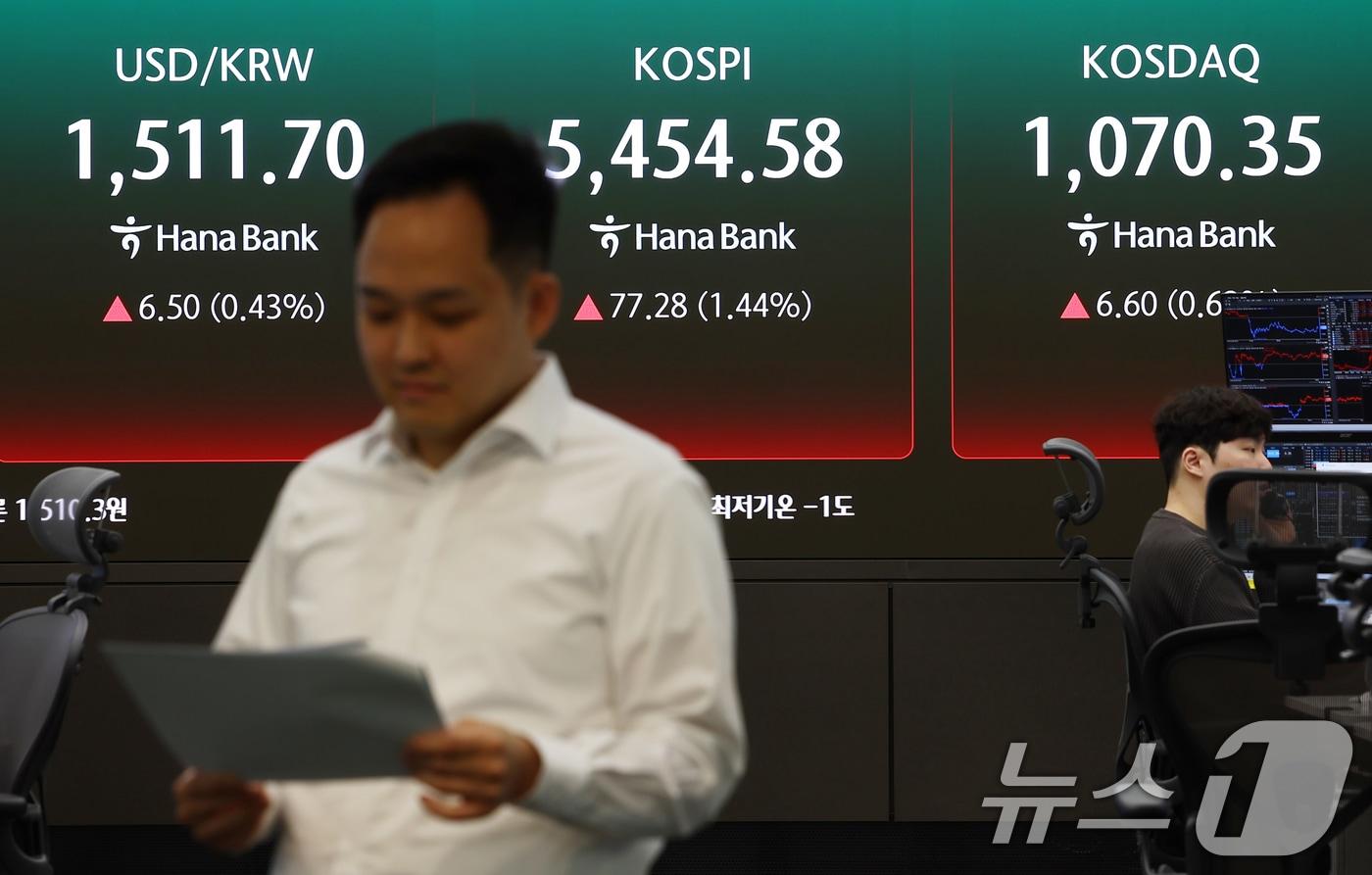 본문 이미지 - 6일 오전 서울 중구 하나은행 딜링룸 전광판에 코스피 지수 등이 나오고 있다. 이날 코스피는 전 거래일(5377.30)보다 46.05포인트(0.86%) 상승한 5423.35, 코스닥 지수는 전 거래일(1063.75)보다 4.58포인트(0.43%) 오른 1068.33에 거래를 시작했다. 원·달러 환율은 전 거래일 주간거래 종가(1505.2원)보다 5.1원 오른 1510.3원에 출발했다. 2026.4.6 ⓒ 뉴스1 김민지 기자