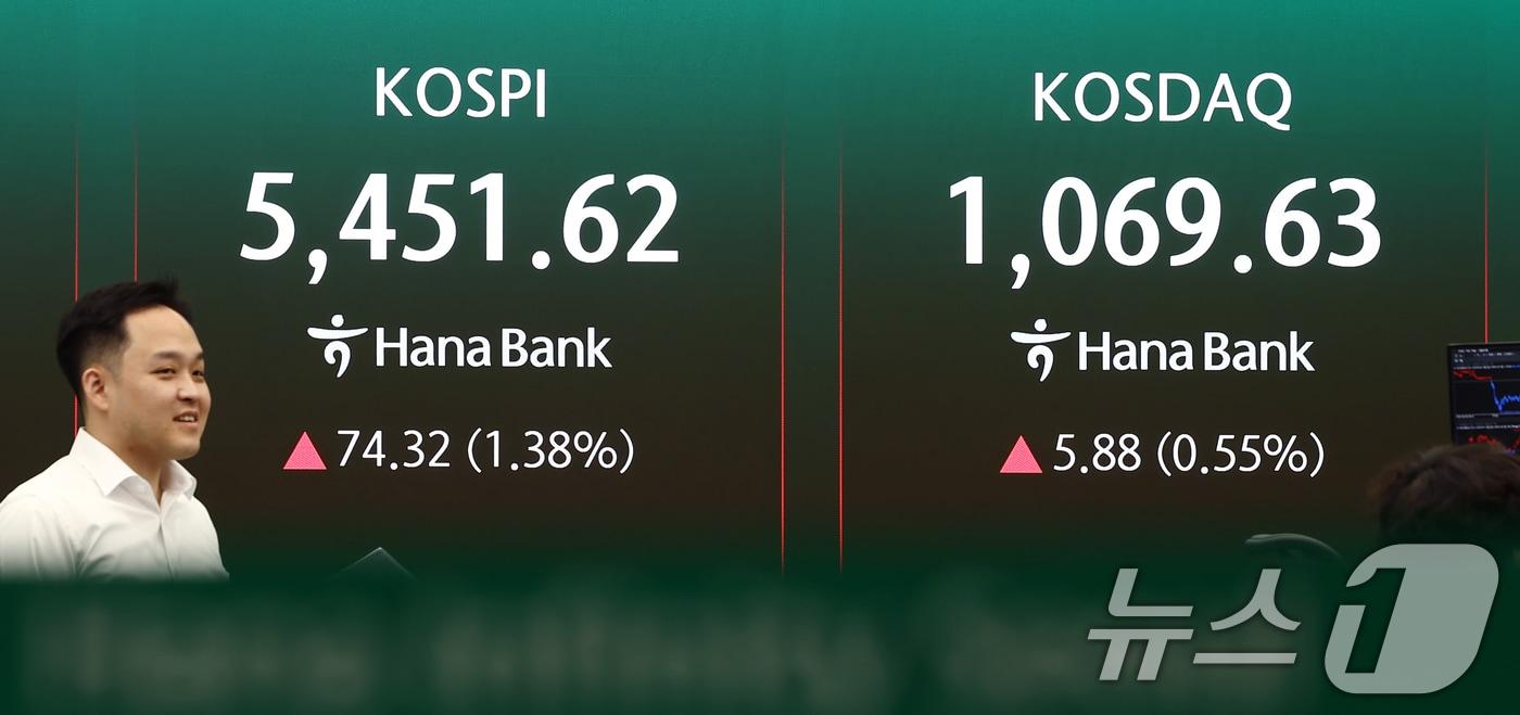 본문 이미지 - 6일 오전 서울 중구 하나은행 딜링룸 전광판에 코스피 지수 등이 나오고 있다. 이날 코스피는 전 거래일(5377.30)보다 46.05포인트(0.86%) 상승한 5423.35, 코스닥 지수는 전 거래일(1063.75)보다 4.58포인트(0.43%) 오른 1068.33에 거래를 시작했다. 원·달러 환율은 전 거래일 주간거래 종가(1505.2원)보다 5.1원 오른 1510.3원에 출발했다. 2026.4.6 ⓒ 뉴스1 김민지 기자