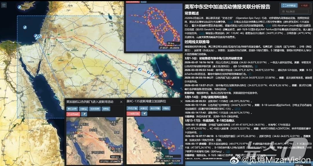 본문 이미지 - 중국 민간 군수기업인 미자르비전이 웨이보 계정에 공개한 '중동 미군 항공 급유 작전의 연관성 정보 분석 보고서'