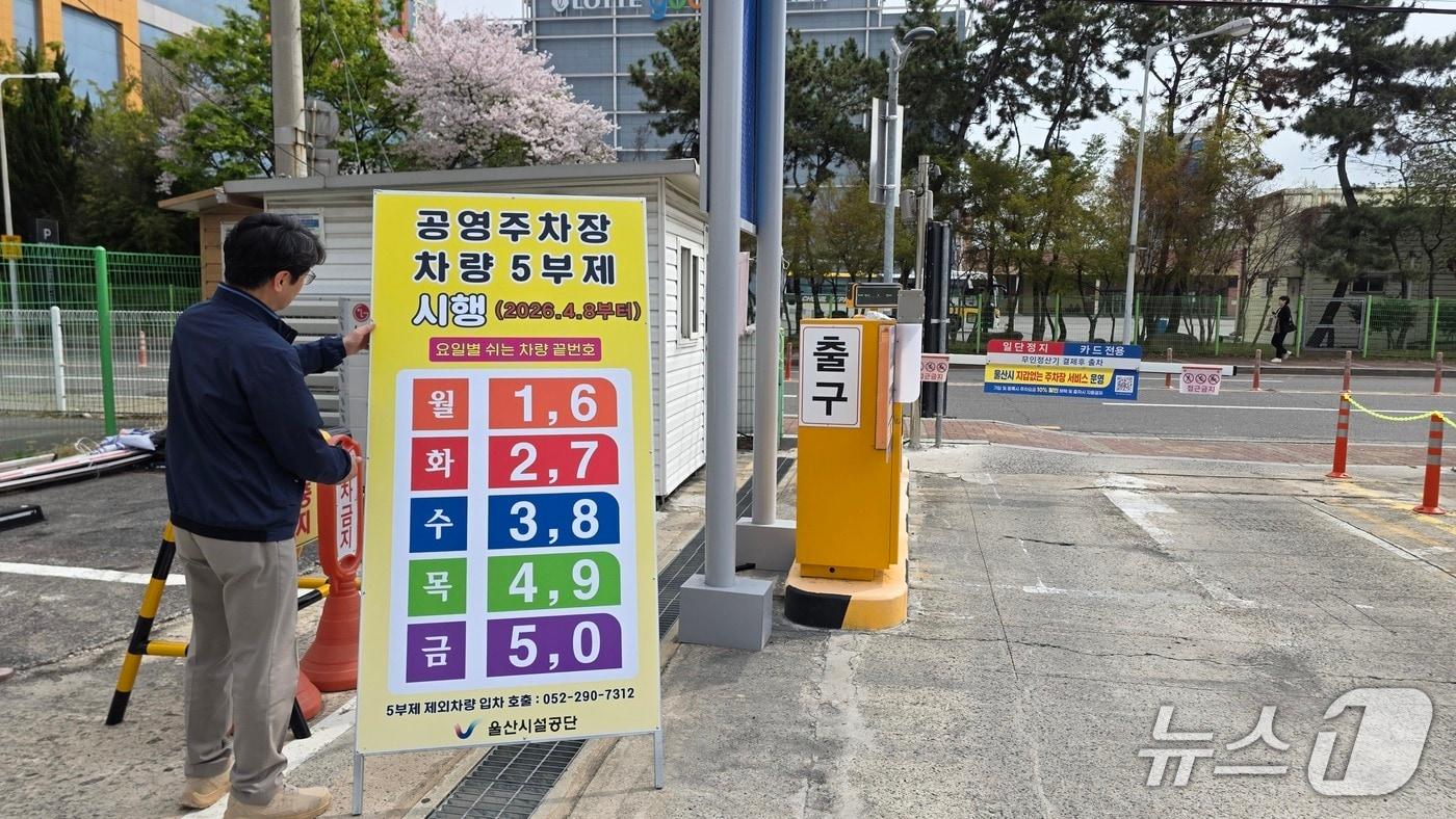 본문 이미지 - 울산시설공단 관계자가 삼산 공영주차장에서 차량 5부제 시행 안내문을 점검하고 있다. (울산시설공단 제공. 재판매 및 DB 금지) /뉴스1