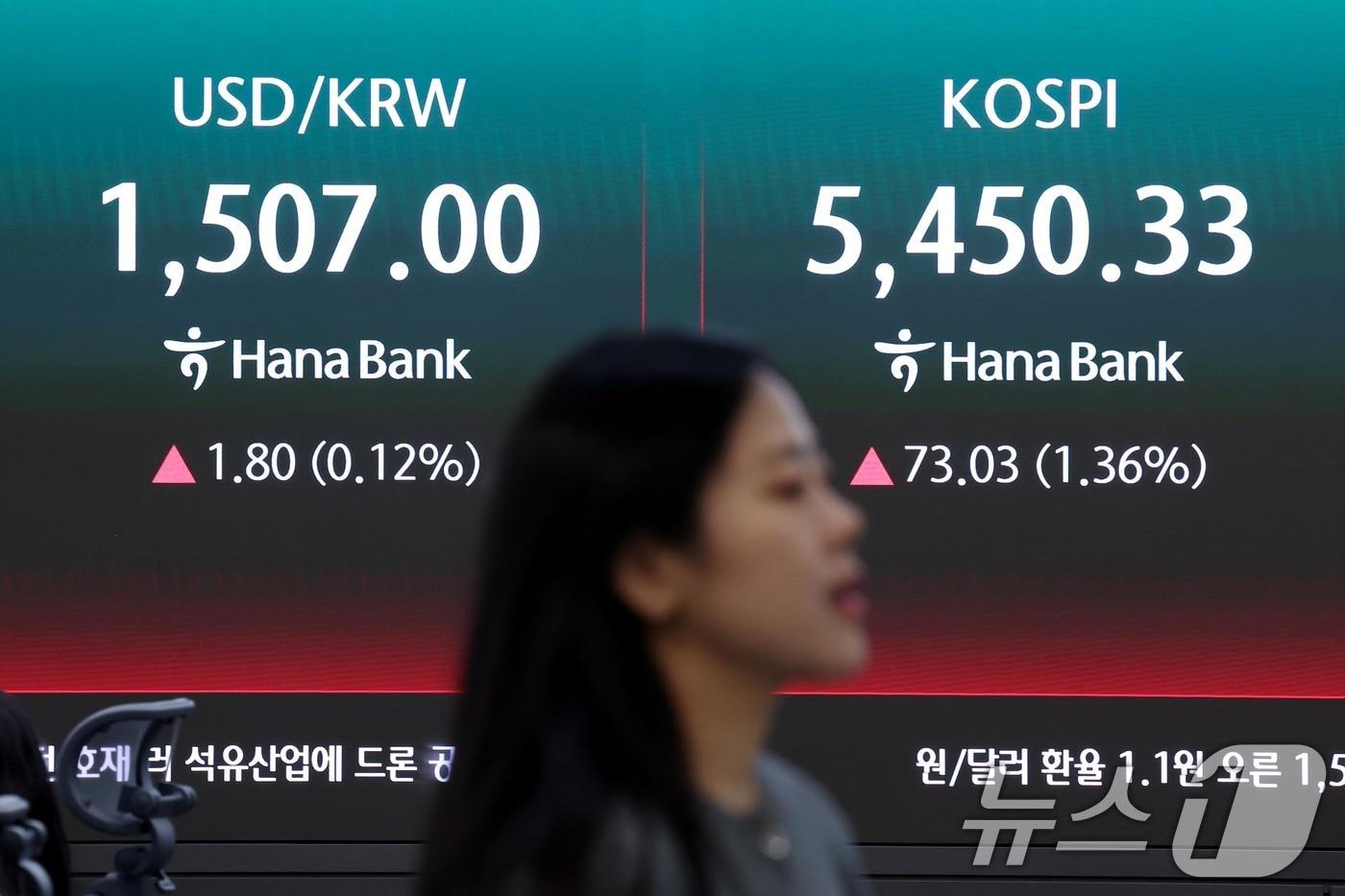 본문 이미지 - 6일 서울 중구 하나은행 딜링룸 전광판에 종가가 나오고 있다. 2026.4.6 ⓒ 뉴스1 조연우 인턴기자