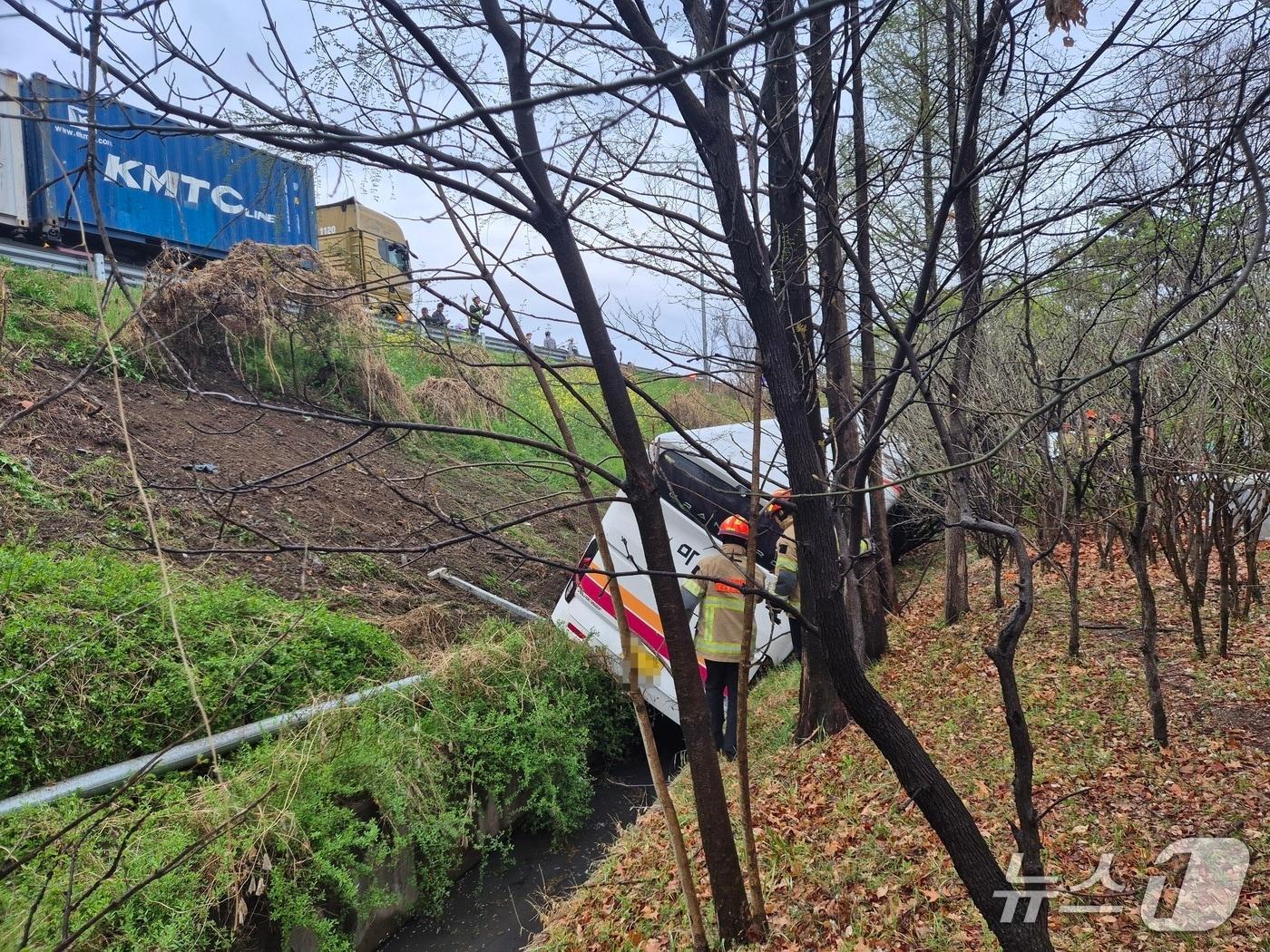 본문 이미지 - 6일 오후 4시10분쯤 대구 북구 팔달동 고속도로에서 시외버스가 가드레일을 들이받은 후 5m 아래로 추락해 소방 당국이 승객들을 구조하고 있다.(대구소방안전본부 제공. 재판매 및 DB금지)