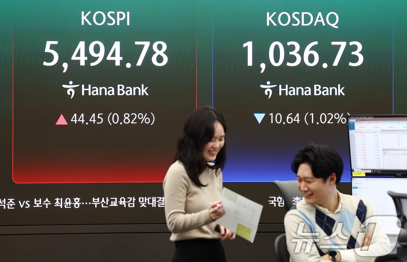 본문 이미지 - 삼성전자가 올해 1분기 매출액 133조원, 영업이익 57조2000억원으로 역대 최대 실적을 기록한 7일 오후 서울 중구 하나은행 딜링룸 전광판에 종가가 나오고 있다. 2026.4.7 ⓒ 뉴스1 김민지 기자