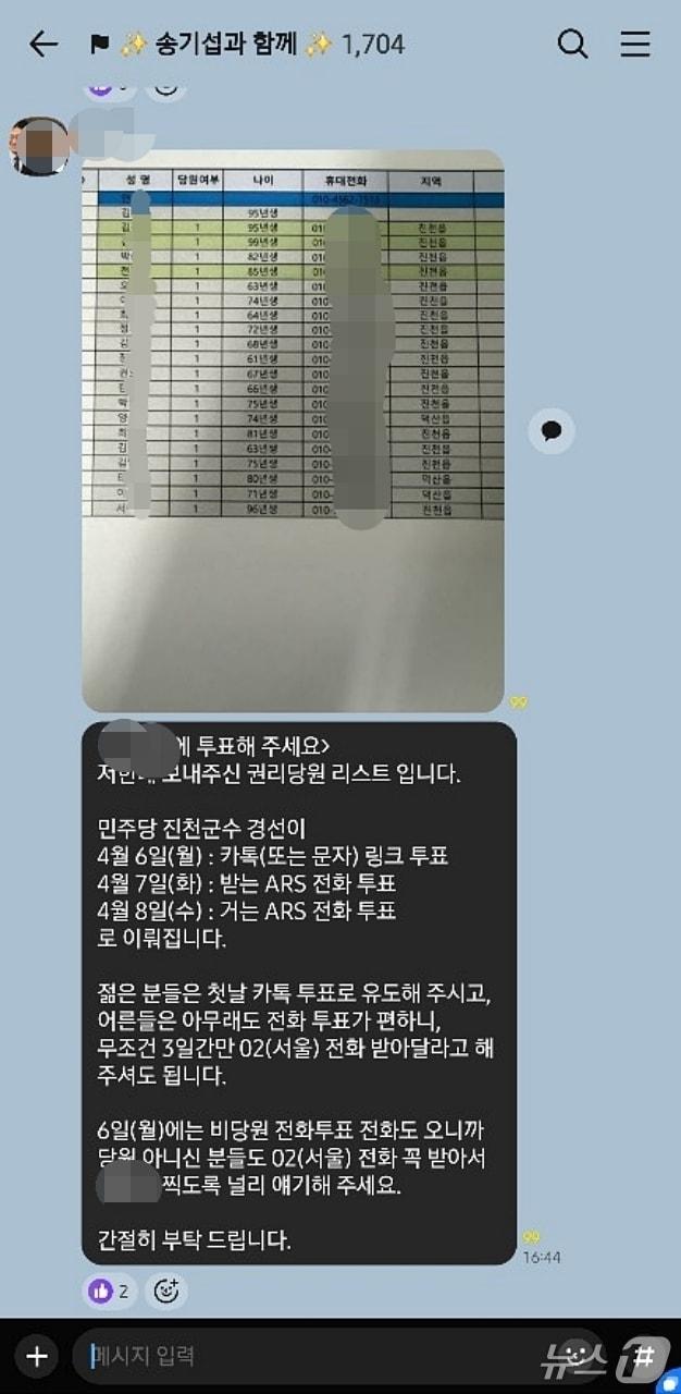 본문 이미지 - 단체채팅방에 올라온 더불어민주당 당원 명부.(독자제공)/뉴스1