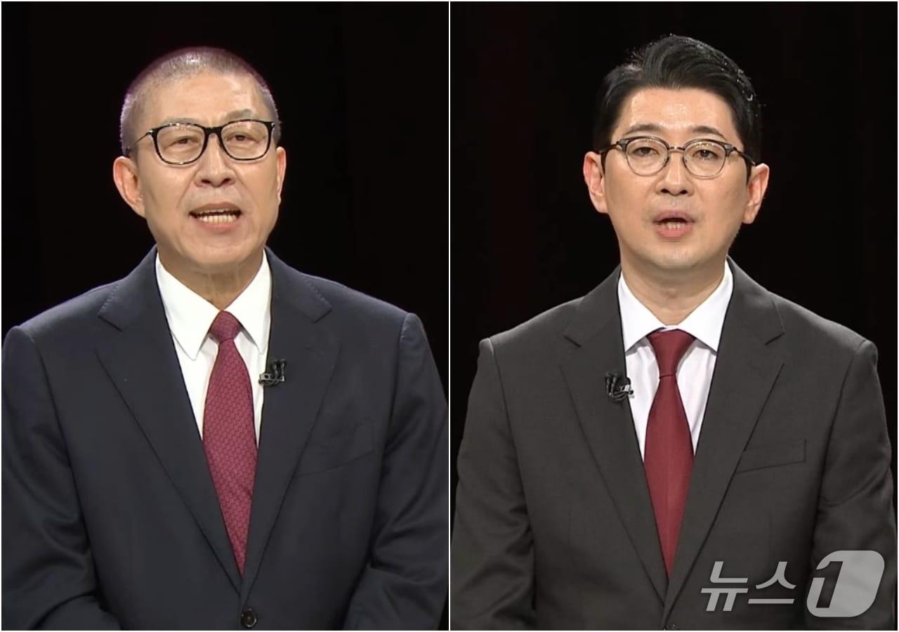 본문 이미지 - 국민의힘 부산시장 후보 선출을 위한 3차 TV토론에 나선 박형준 부산시장과 주진우 국회의원 (유튜브 갈무리. 재판매 및 DB금지)