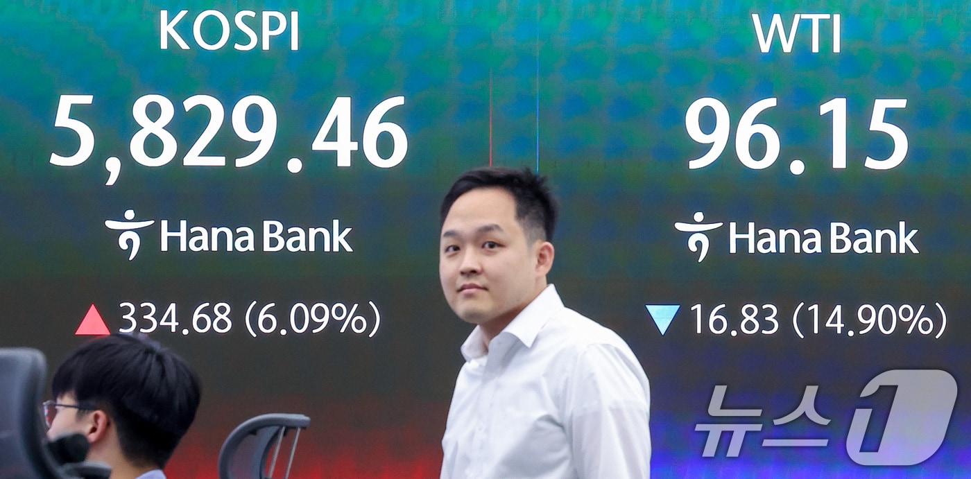 본문 이미지 - 미국과 이란의 2주간 휴전에 매수 사이드카가 발동한 8일 오전 서울 중구 하나은행 본점 딜링룸에 개장 시황이 나오고 있다. 이날 코스피는 8일 오전 9시 5분 코스피는 전일 종가와 비교해 317.48포인트(5.78%) 상승한 5812.26, 코스닥은 전일 대비 40.37포인트(3.89%) 상승한 1077.10으로 개장했다. 2026.4.8 ⓒ 뉴스1 김성진 기자