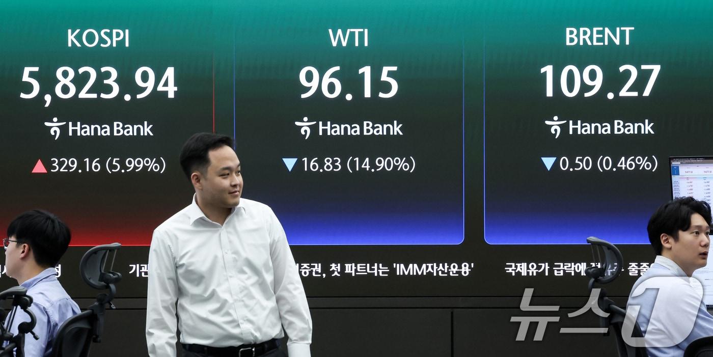 본문 이미지 - 도널드 트럼프 미국 대통령이 이란에 대한 공격을 2주간 중단한다고 밝힌 8일 오전 서울 중구 하나은행 딜링룸 전광판에 코스피 지수, 서부텍사스원유(WTI), 브렌트유 선물 가격이 나오고 있다. 이날 코스피는 전 거래일 대비 309.92포인트(5.64%) 상승한 5804.7에 개장했다. 2026.4.8 ⓒ 뉴스1 임지훈 인턴기자