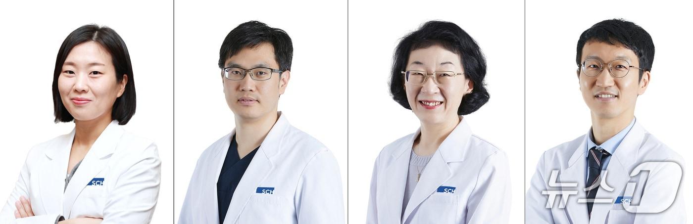 본문 이미지 - 종교적 이유로 수혈을 거부하는 산모에서도 체계적인 환자혈액관리(PBM)를 적용하면 일반 산모와 유사한 수준의 안전한 출산이 가능하다는 연구 결과가 나왔다. 해당 연구를 진행한 교수진. (왼쪽부터)오정원 서울대 보건대학원 예방의학교실 소속, 윤석윤 순천향대 서울병원 종양혈액내과 교수, 최규연 순천향대 서울병원 산부인과 교수, 권성순 순천향대 서울병원 심장내과 교수.(순천향대 서울병원 제공)