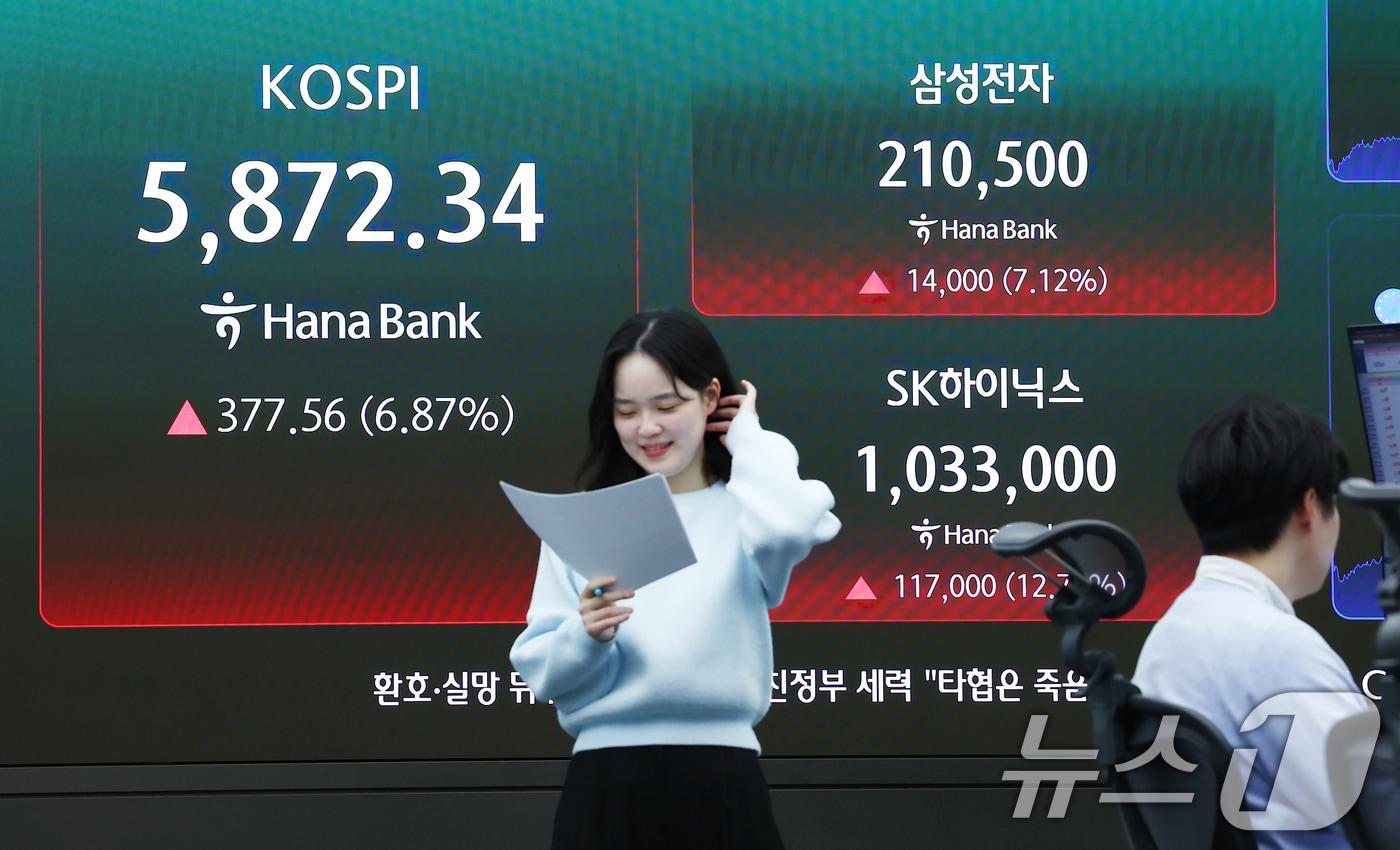 본문 이미지 - 미국과 이란의 2주간 휴전 소식에 코스피가 상승 마감한 8일 오후 서울 중구 하나은행 본점 딜링룸 전광판에 삼성전자와 SK하이닉스 종가가 나오고 있다. 이날 코스피는 전 거래일(5494.78)보다 377.56포인트(6.87%) 오른 5872.34, 코스닥 지수는 전 거래일(1036.73)보다 1089.85포인트(5.12%) 상승한 1089.85에 거래를 마쳤다. 원·달러 환율은 전 거래일(1504.2원)보다 33.6원 내린 1470.6원에 주간 거래를 마감했다. 2026.4.8 ⓒ 뉴스1 김민지 기자