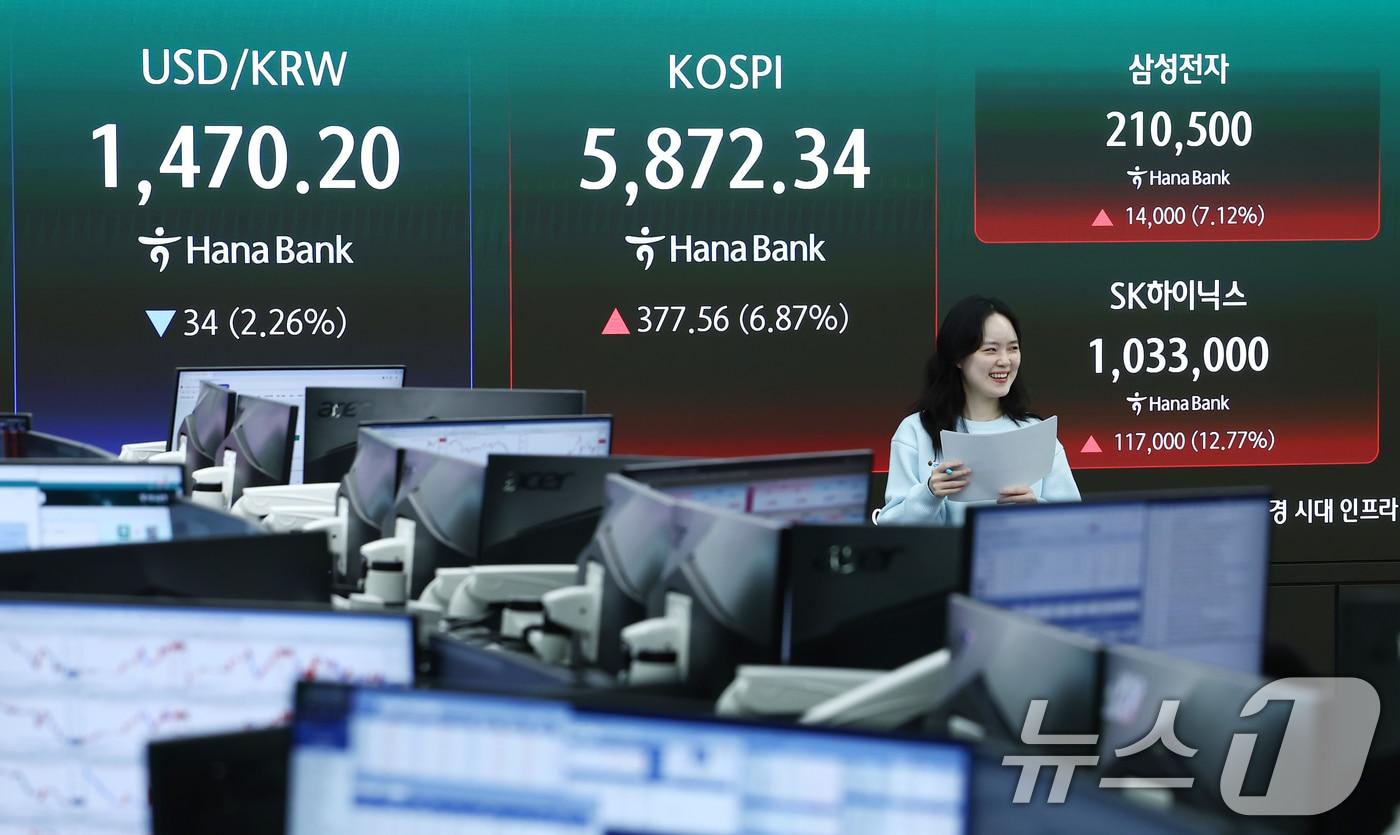 본문 이미지 - 미국과 이란의 2주간 휴전 소식에 코스피가 상승 마감한 8일 오후 서울 중구 하나은행 본점 딜링룸 전광판에 종가가 나오고 있다.  2026.4.8 ⓒ 뉴스1 김민지 기자
