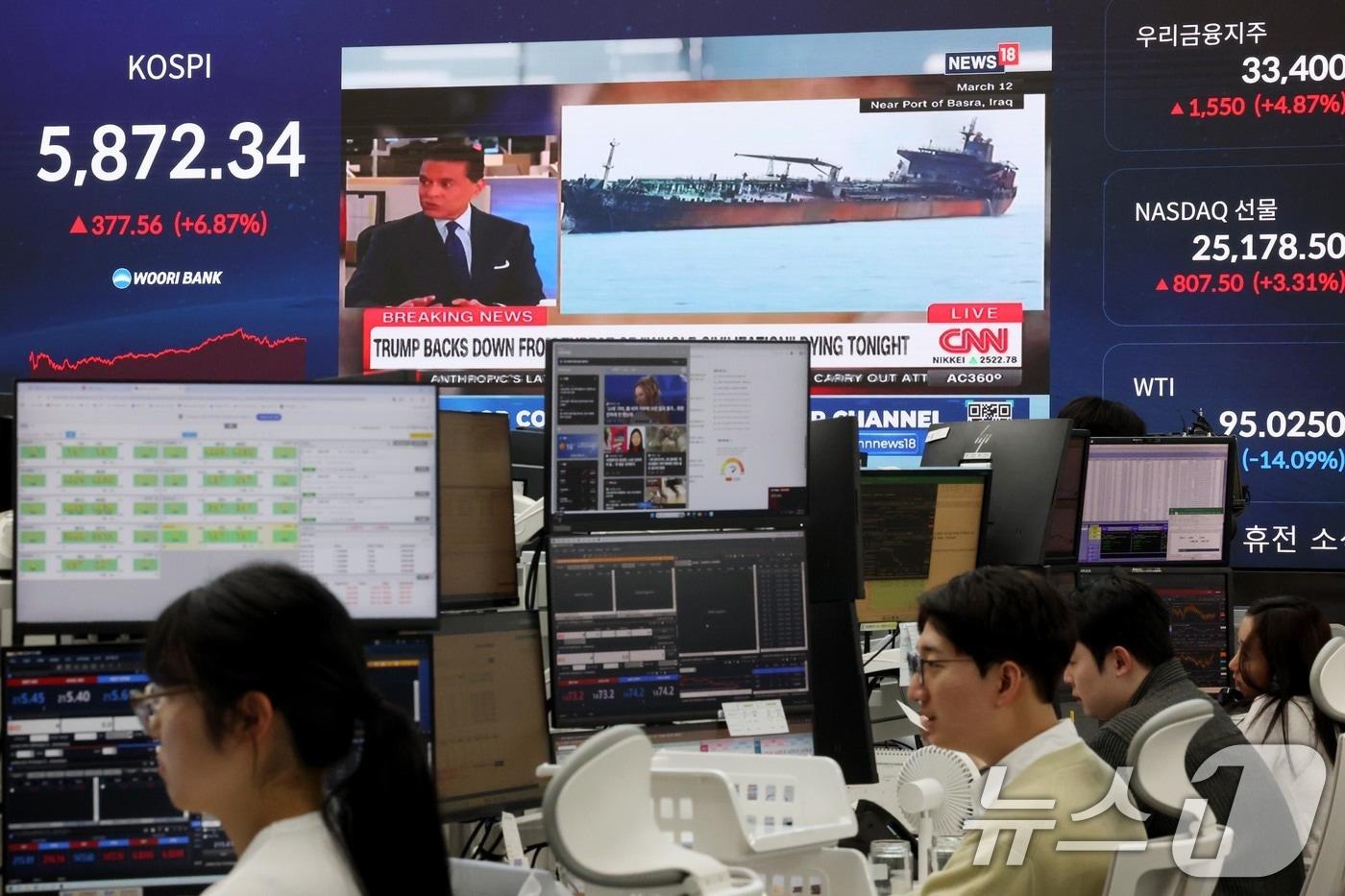 본문 이미지 - 미·이란이 호르무즈 해협 개방을 조건으로 2주간 휴전에 합의한 8일 오후 서울 중구 우리은행 본점 딜링룸 전광판에 종가가 표시되고 있다. 2026.4.8 ⓒ 뉴스1 조연우 인턴기자