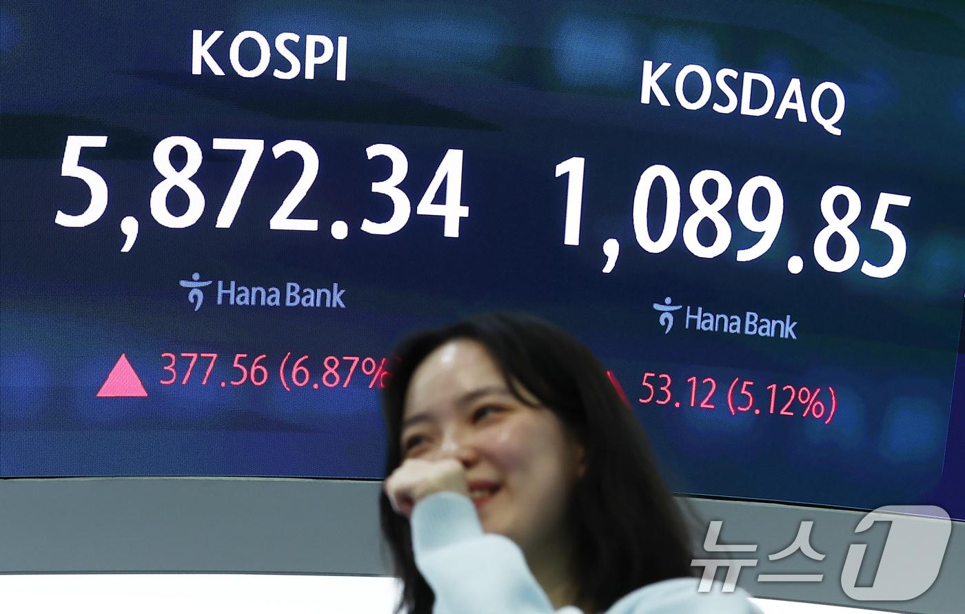 본문 이미지 - 미국과 이란의 2주간 휴전 소식에 코스피가 상승 마감한 8일 오후 서울 중구 하나은행 본점 딜링룸 전광판에 종가가 나오고 있다. 2026.4.8 ⓒ 뉴스1 김민지 기자
