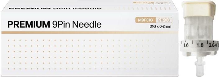 본문 이미지 - 휴온스메디텍의 스킨부스터 전용 멸균주사바늘 ‘프리미엄 9핀 니들’ 패키지(왼쪽)와 제품(오른쪽). (휴온스글로벌 제공)