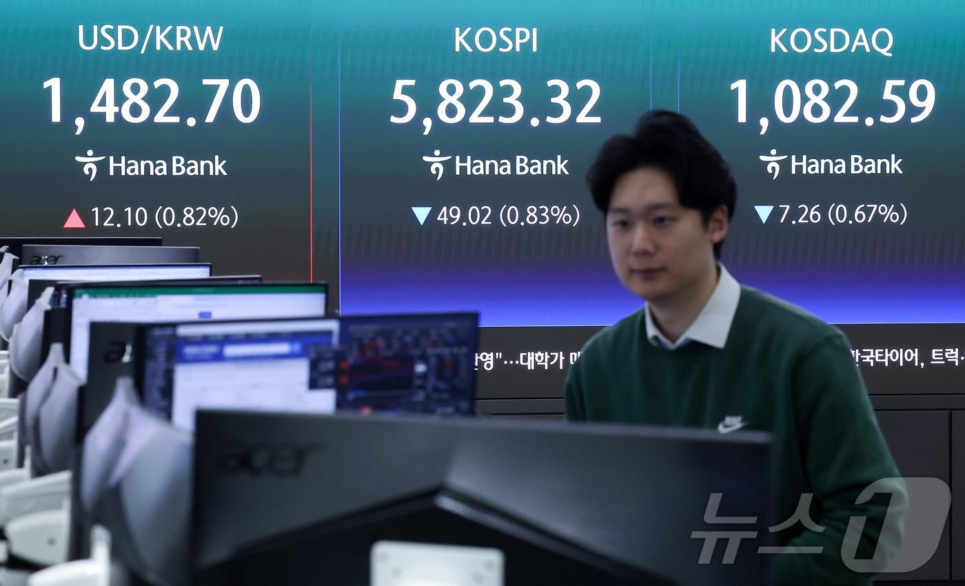 본문 이미지 - 9일 오전 서울 중구 하나은행 본점 딜링룸에 개장 시황이 나오고 있다. 2026.4.9 ⓒ 뉴스1 김성진 기자