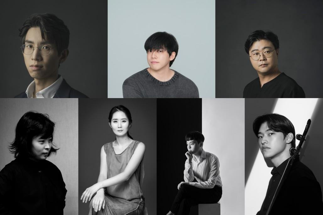 본문 이미지 - 창작악단 기획공연 '수작 Ⅱ'에 참여하는 작곡가. 왼쪽 위부터 김상욱, 김영상, 김정근, 왼쪽 아래부터 라예송, 이예진, 이재준, 황재인