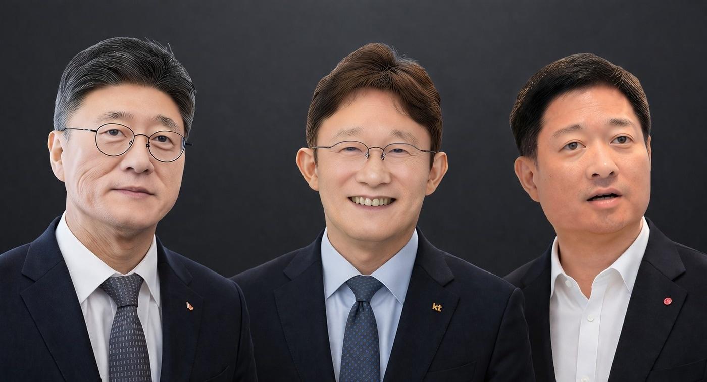 본문 이미지 - 챗 GPT생성 이미지. 왼쪽부터 정재헌 SK텔레콤 대표, 박윤영 KT 대표, 홍범식 LG유플러스 대표