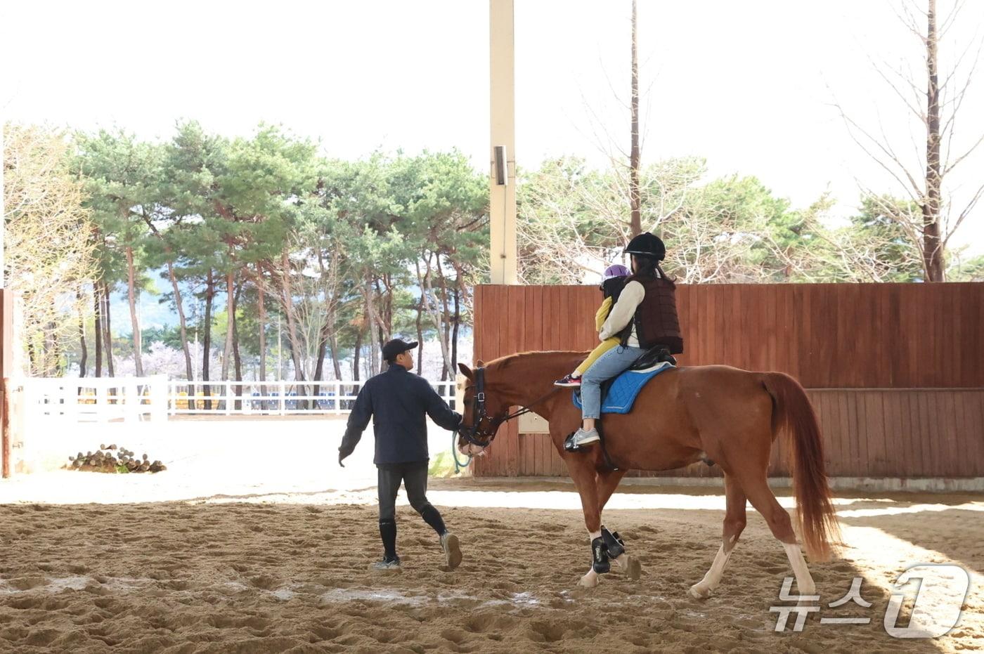 본문 이미지 - 렛츠런파크 부산경남에서 다자녀가정이 승마체험을 하고 있다. (렛츠런파크 부산경남 제공. 재판매 및 DB금지)