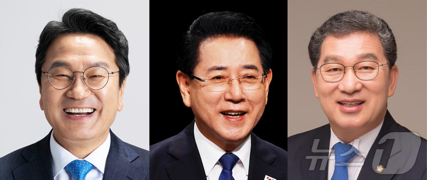 본문 이미지 - 강기정 광주시장(왼쪽), 김영록 예비후보(가운데), 신정훈 의원(오른쪽) ⓒ 뉴스1
