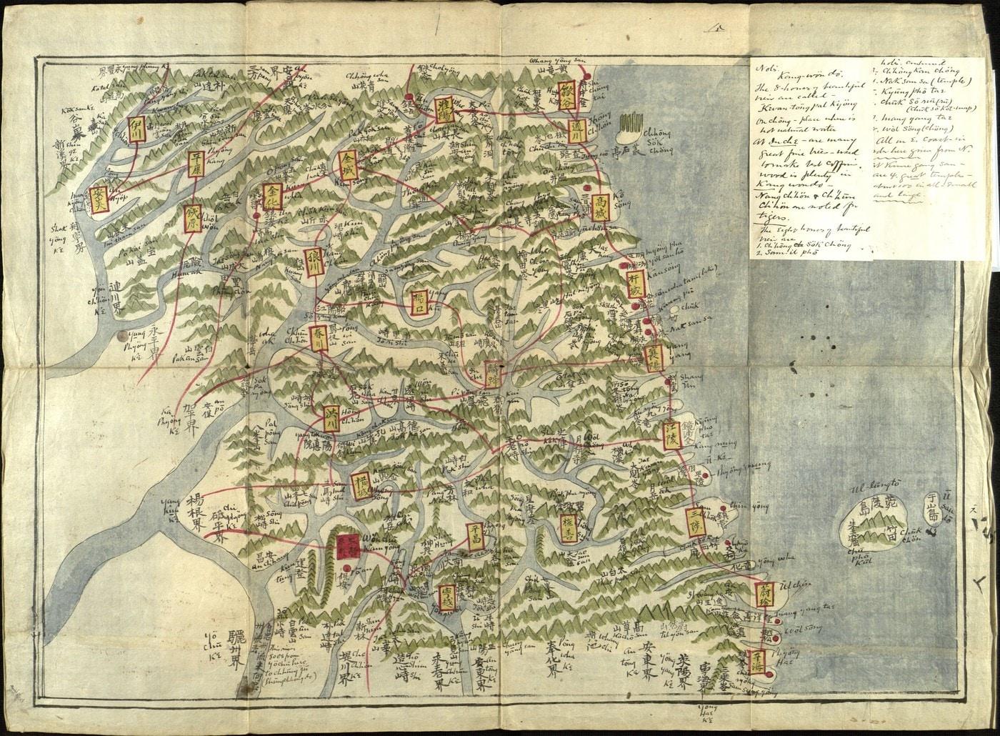 본문 이미지 - '여지도' 내 '강원도', 19세기 중후반(1832~1869년), 채색필사본, 46&times;63㎝ (동북아역사재단 제공)