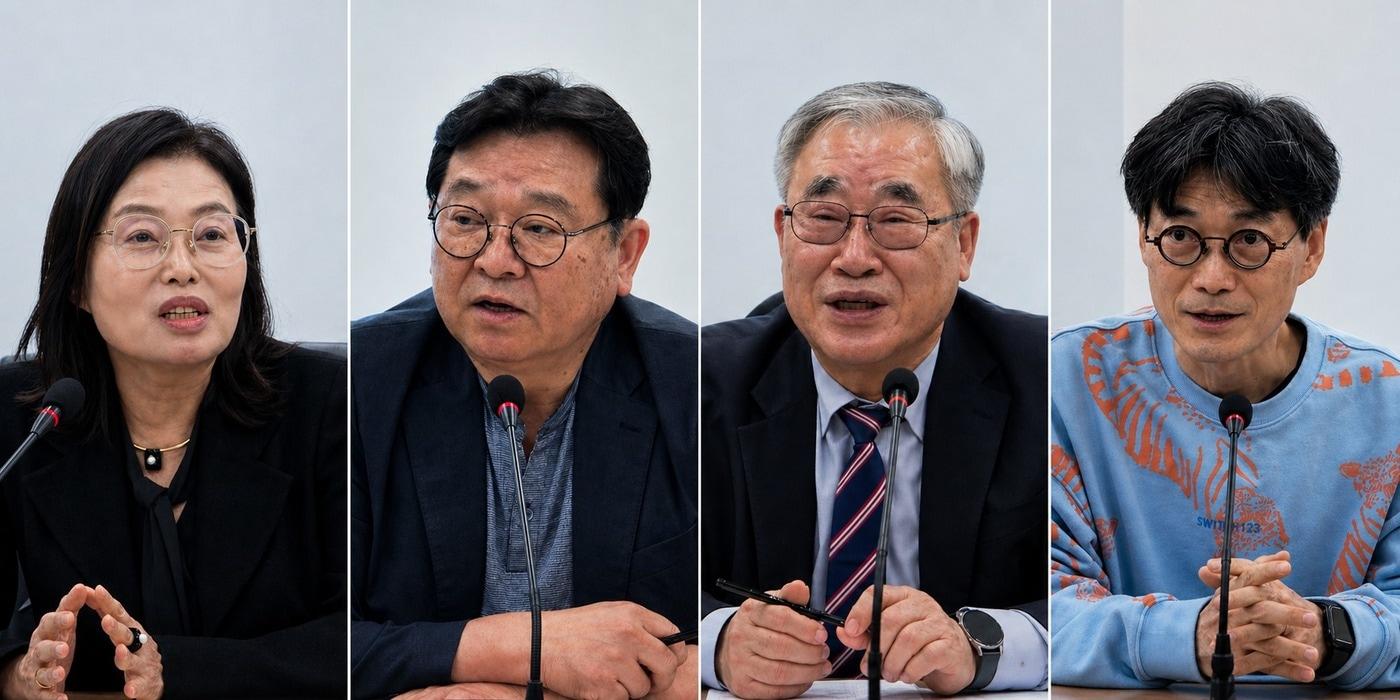 본문 이미지 - 왼쪽부터 문선미 성남시서점협동조합 이사장, 오명영 한국서점조합연합회 회장, 이연호 한국서점인협의회장, 이대건 전국동네책방네트워크 회장