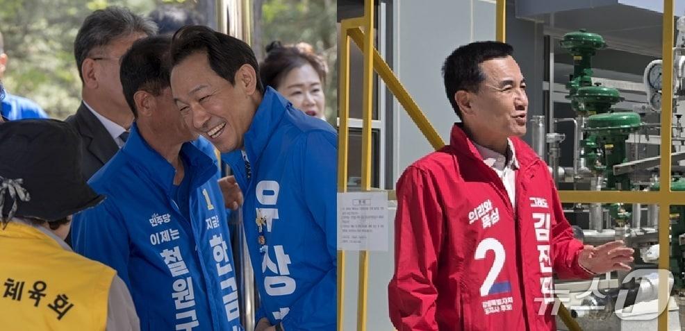 본문 이미지 - 민선 9기 강원지사 선거에 도전하는 우상호 더불어민주당 후보와 김진태 국민의힘 후보가 노동절인 1일 각각 철원과 삼척을 찾아 표심을 살피는 일정을 소화했다. (두 후보 측 제공. 재판매 및 DB금지) 2026.5.1/뉴스1
