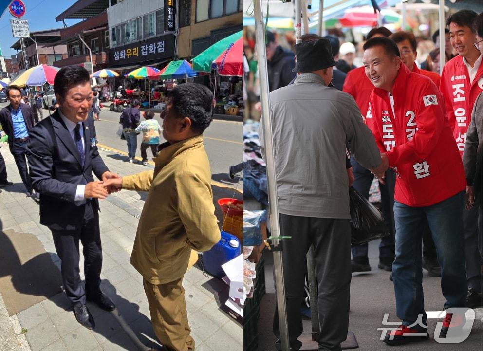 본문 이미지 - 신용한 더불어민주당 충북지사 후보와 김영환 국민의힘 후보가 1일 전통시장을 찾아 도민들과 인사하고 있다. (각 후보 캠프 제공. 재판매 및 DB금지)
