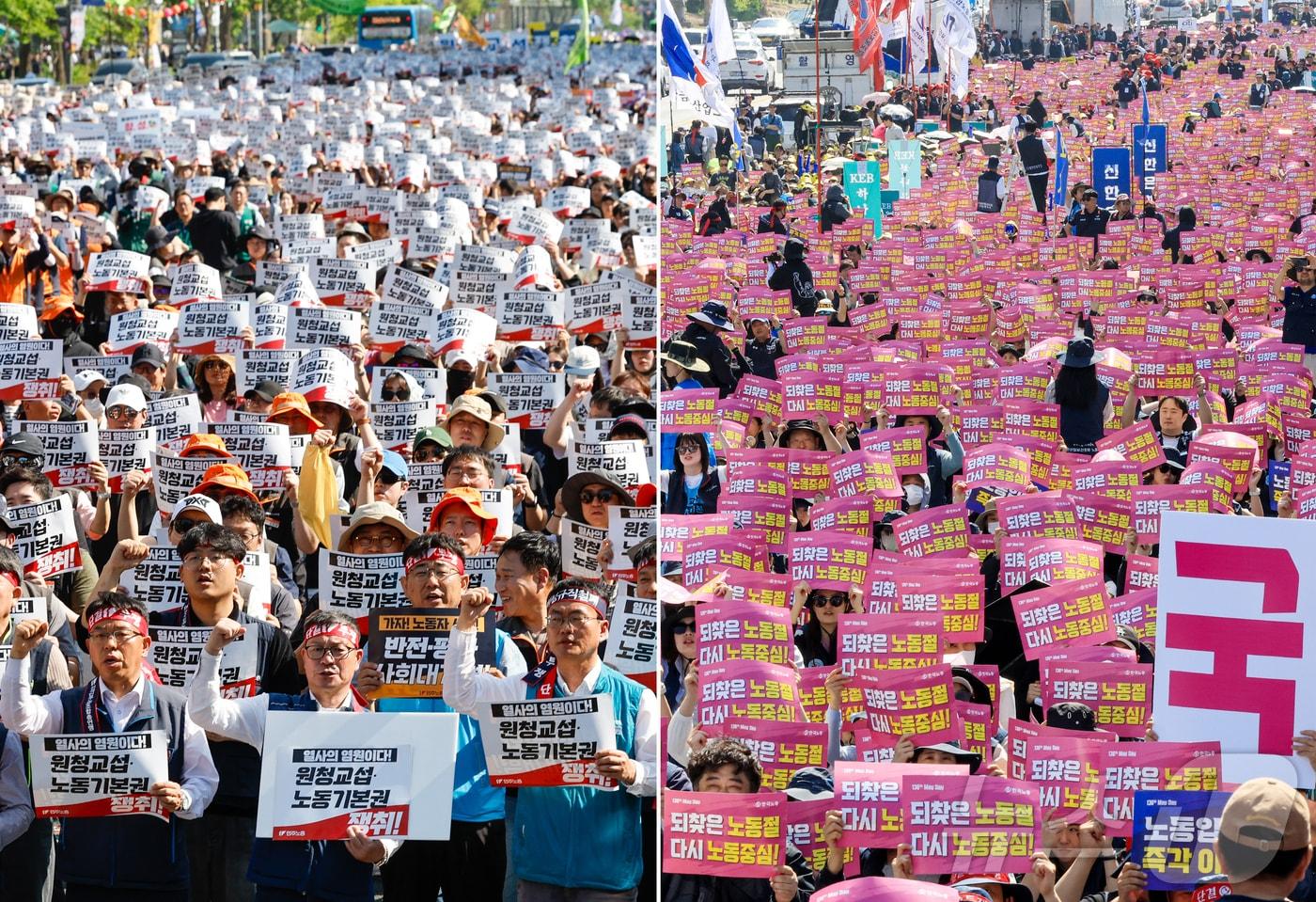 본문 이미지 - 전국민주노동조합총연맹(민주노총, 왼쪽 사진)과 한국노동조합총연맹(한국노총) 조합원들이 1일 오후 서울 종로구 광화문광장과 여의도에서 2026 세계노동절대회와 한국노총 전국노동자대회를 각각 진행하고 있다. 2026.5.1 ⓒ 뉴스1 안은나 기자,이호윤 기자