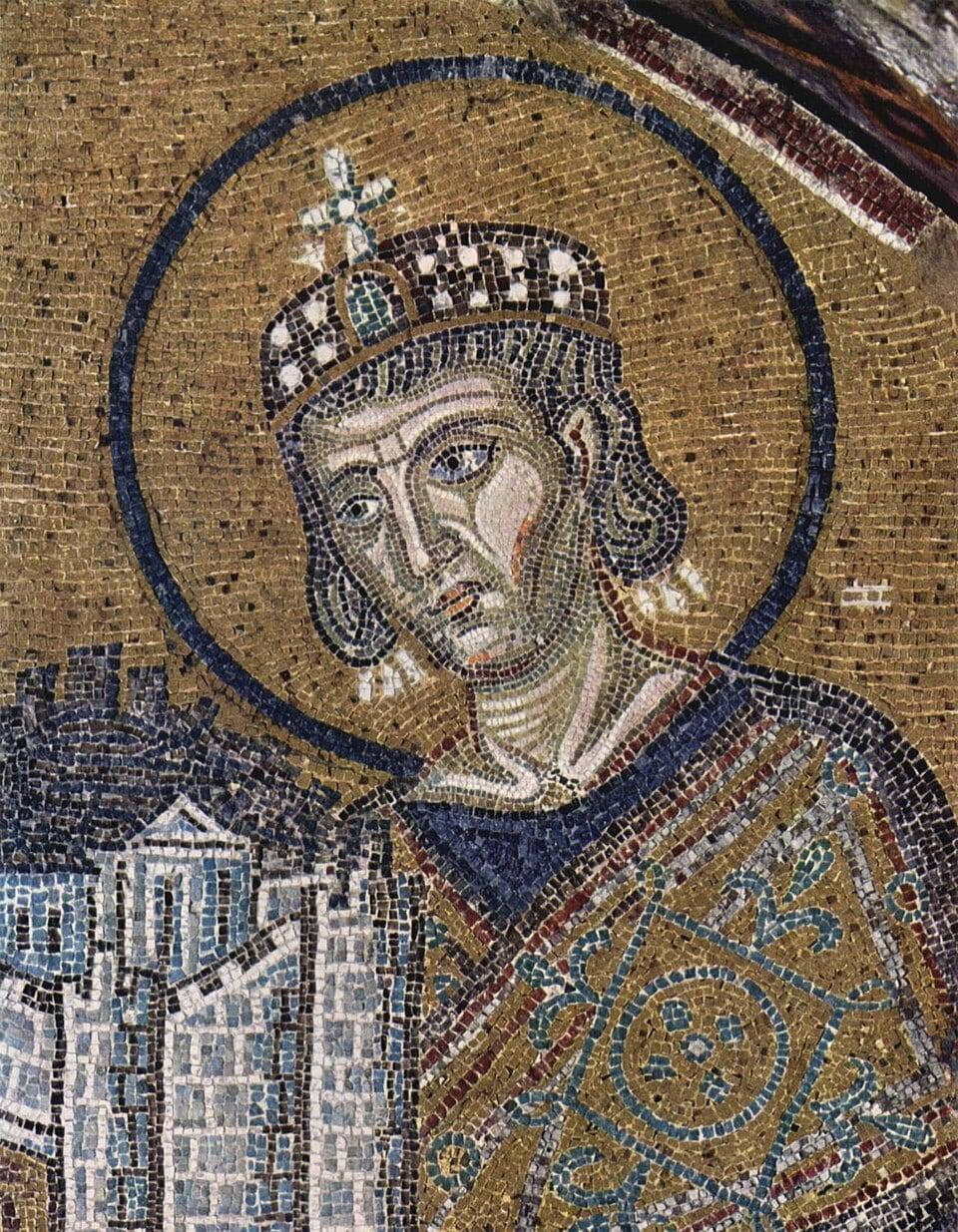 본문 이미지 - 콘스탄티노폴리스를 성모 마리아에게 봉헌하는 콘스탄티누스 1세 (출처: Byzantine mosaicist, ca. 1000, Public domain, via Wikimedia Commons)