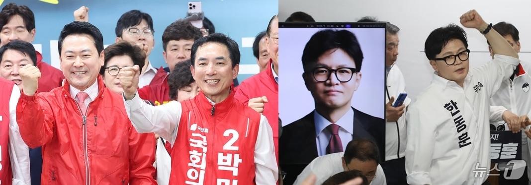 본문 이미지 - 10일 오후 국민의힘 박민식 부산북구갑 후보 선거캠프 개소식에 참석한 장동혁 대표. 오른쪽은 같은 시간 650 m가량 떨어진 곳에서 캠프 개소식을 가진 무소속 한동훈 후보.  부산--신웅수 기자· 윤일지 기자 ⓒ 뉴스1