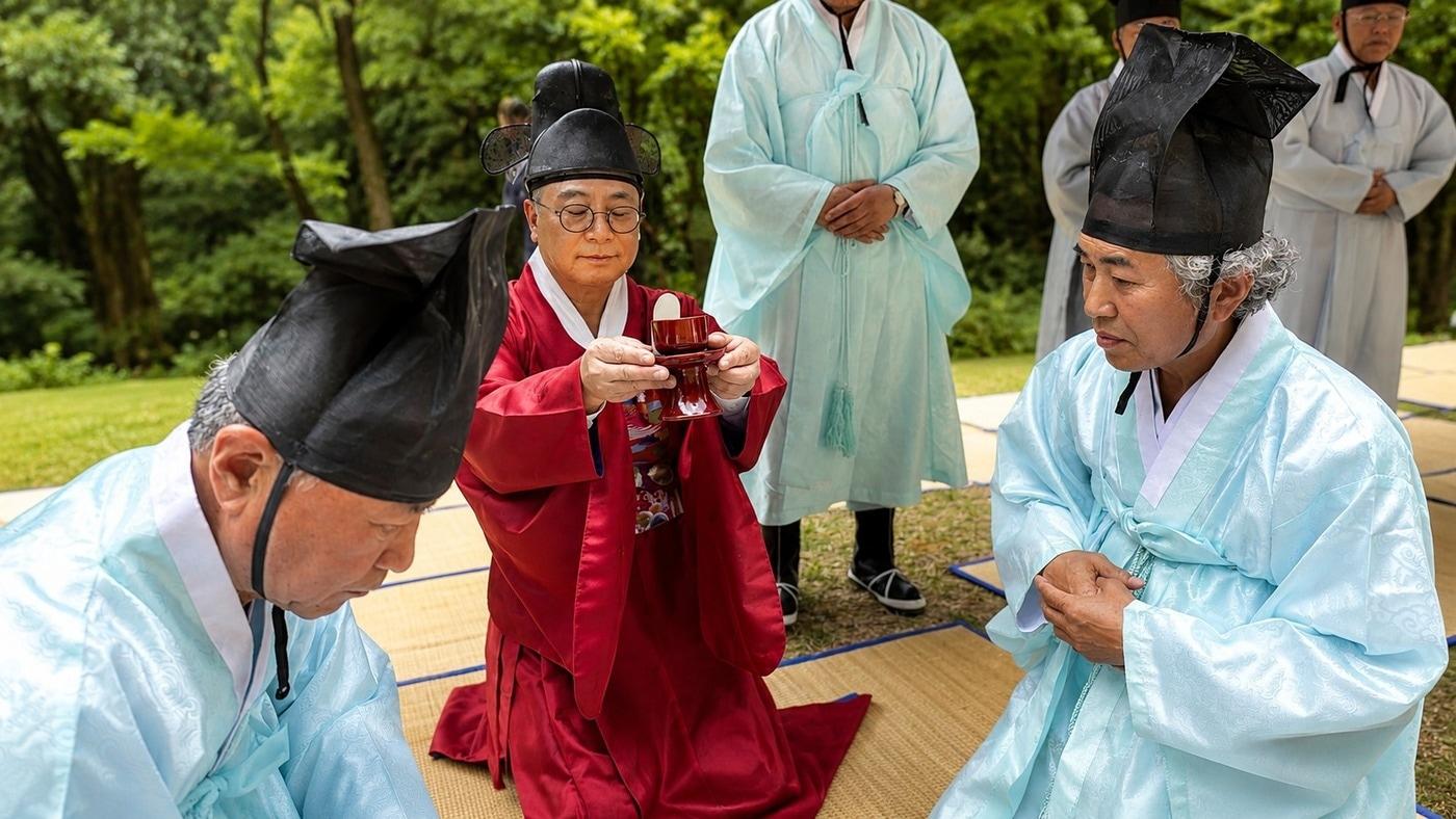 본문 이미지 - 초헌관 유지범 성균관대학교 총장이 술을 올리고 있다