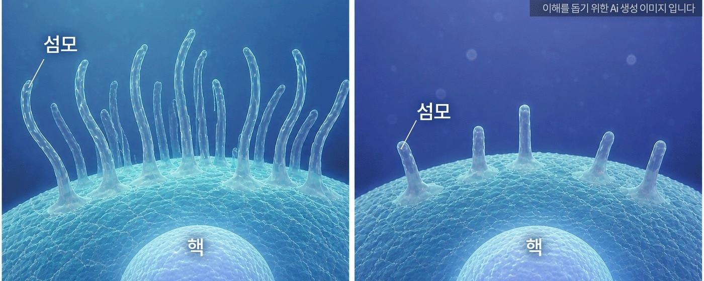 본문 이미지 - 자폐 관련 유전자 쌍 중 하나만 변이될 때(좌)와 둘 다 변이될 때(우) 섬모 길이 차이. 유전자 쌍이 함께 변이될 때 세포 표면의 섬모 형성이 뚜렷하게 감소했다. (분당서울대병원 제공)