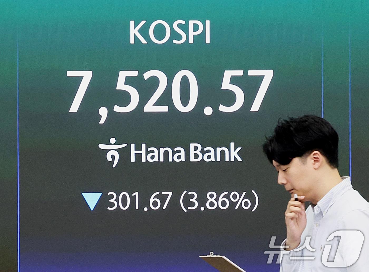 본문 이미지 - 코스피가 장중 7500선대로 밀린 12일 오전 서울 중구 하나은행 딜링룸 전광판에 코스피 지수가 표시돼 있다. 2026.5.12 ⓒ 뉴스1 조연우 인턴기자